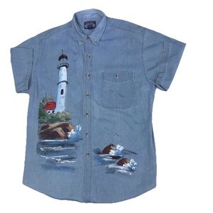 All Sport women's L Hand-Painted Denim Shirt Lighthouse Ocean 90s  Button-Up VTG